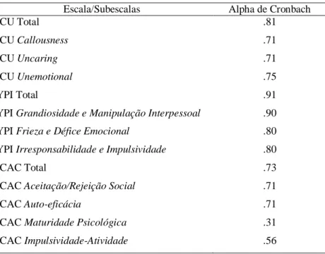 Tabela 2.5. Consistência interna dos instrumentos utlizados 