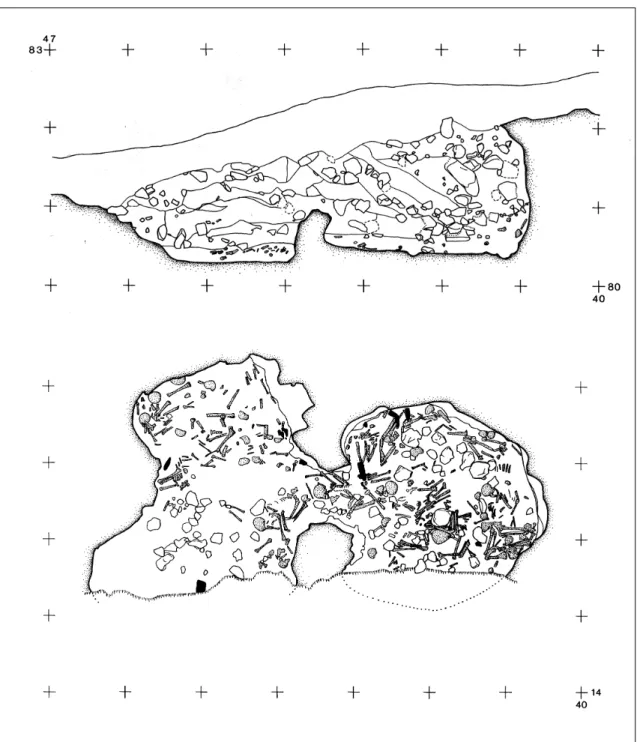 Fig. 9 O hipogeu de Câmara dupla de Monte Canelas, em Corte, e o plano de base, segundo Parreira e Serpa, 1995, remontadas