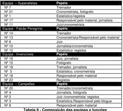 Tabela 8 - Composição das equipas e funções 