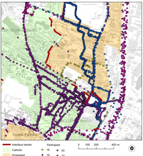 Figure  5.  Capturing  residents’  movements  through  everyday  spaces  in  Belfast  using  GPS  tracking and GIS data capture and representation (see Hocking et al., 2018)