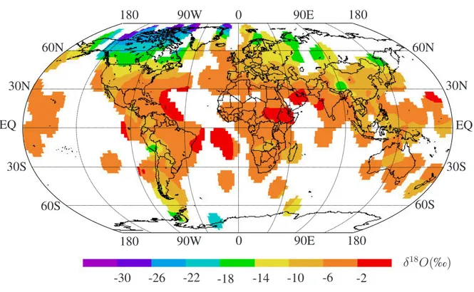Figura 2.13: Distribuição da média ponderada anual dos valores de δ 18 O da precipitação no globo terrestre (adaptado de GNIP Maps and Animations, IAEA, Vienna (2001), em http://isohis.iaea.org; consultado em 28/04/2008).