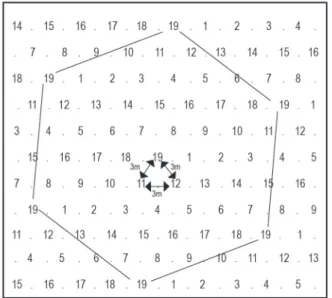 Figura 2. Modelo de distribuição das 19 espécies de mudas em anéis  hexagonais no plantio em novembro de 2004 no Instituto Nacional  de Meteorologia (INMET), Brasília, Distrito Federal (Adaptado de  Fonseca et al