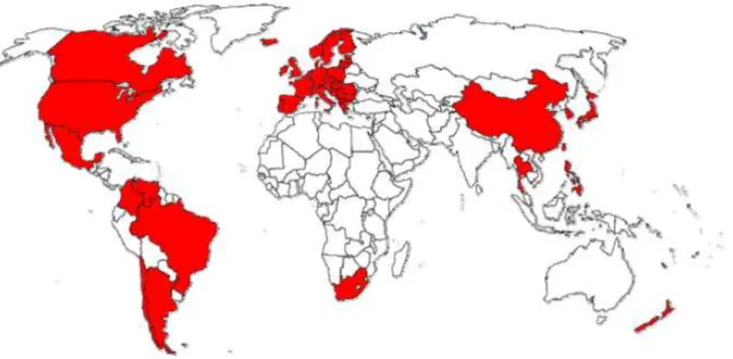 Figura 4. Países onde foi diagnosticado PMWS (Adaptado de Chae, 2004). 