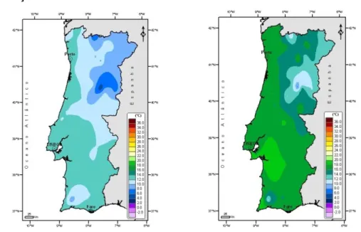 Figura  8-  Mapas das temperaturas médias e máximas  registadas em Portugal durante o mês  de Março de 2011