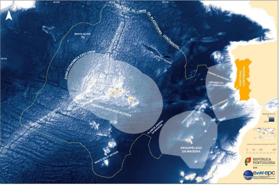 Figura 2 – Espaço marítimo nacional (de acordo com a nova proposta para a extensão dos limites da plataforma continental entregue à CLPC das Nações Unidas, a 1 de agosto de 2017)  (EMEPC, 2017)