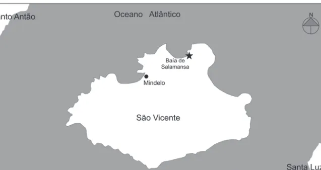 Fig. 1   Localização do concheiro de Salamansa no litoral da ilha de São Vicente (em cima) e planta topográfica da superfície do  concheiro, realizada em Abril de 1998 pela Câmara Municipal de São Vicente (em baixo).