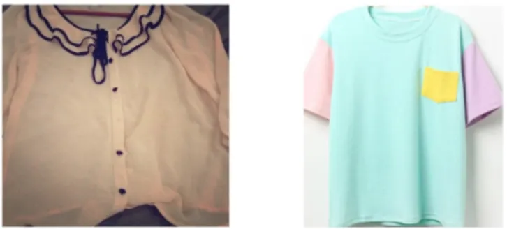 Figure 3.1 shows an example for each type of defect. The one on the left corresponds to a shirt with a missing button ( missing component ) and the one on the right shows a t-shirt with a yellow pocket instead of a pink pocket ( wrong component ).