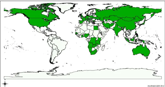 Figura 11: Distribuição mundial de T. rhodesi, T. skrjabini e T. gulosa em bovinos. 