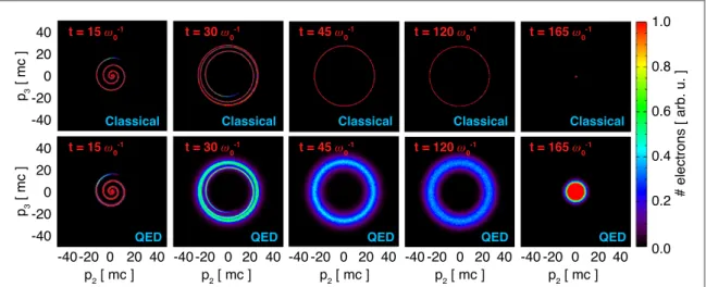 Figure 8. Transverse momentum space p 2 - p 3 at different times. Classical and QED radiation reaction give different ﬁ nal transverse momentum spread.