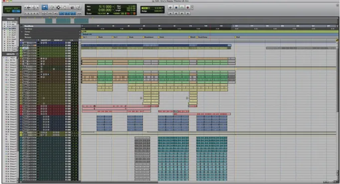 Figure 8  - Screen capture of the Pro Tools session to Pharell William's 2014 hit “Happy”, utilizing multiple layers of each  instrument with different audio treatments, organized in repeated loopable blocks