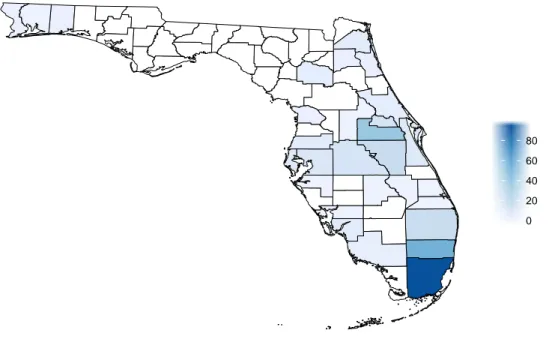 Figura 7.6: Mapa da ultima semana de report Data de 2016-07-28 Na figura 7.6 podemos ver como o sul da Florida foi mais afetado pelo numeros de casos de zika.