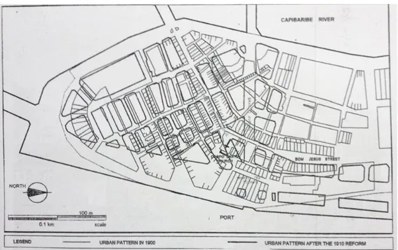 Figura 3) Mapa com o redesenho do núcleo original da cidade. O traçado mais forte indica  o novo desenho do bairro