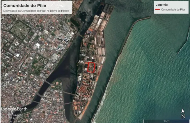 Figura 4) Delimitação da Comunidade do Pilar (em vermelho) no Bairro do Recife (ilha)