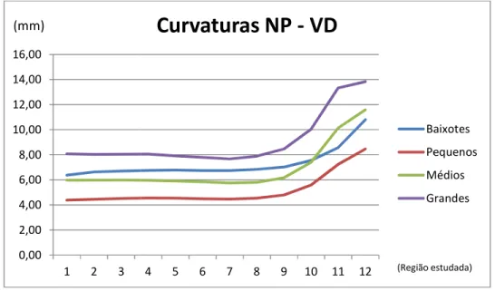 Gráfico 1 - Representação da evolução da curvatura do rádio ao longo das várias regiões (médias não padronizadas, projeção VD)