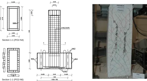 Figura 8. a) Pormenorização da armadura dos pilares e b) Padrão de fendas do pilar PO2-N6