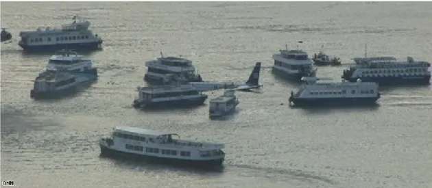 Figure 3. Flight 1549 aircraft surrounded by ferries and boats after evacuation  Source: ©CNN 