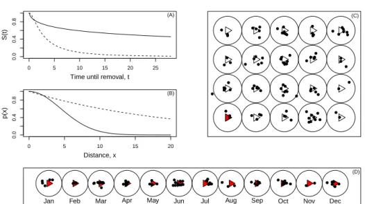 Figure 1.2: Estimating mortality in wind farms. (A) Probability of carcass persisting (S(t)) as a function of time until removal (t)