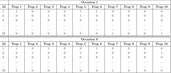 Table 1.3: Example of SECR capture histories with trapping occasions (1 to S), and traps (1 to 10)