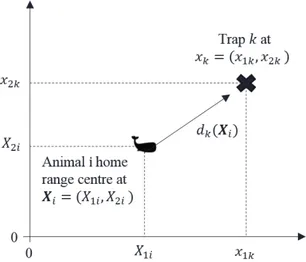 Figure 2.1: Schematic representation of a trap location (black cross), home-range centre location (black whale icon) and distance from trap to centre: d k (X i ) is the distance from