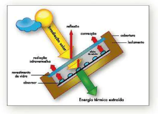 Figura 5 - Exemplo de um coletor solar plano com cobertura e os principais processos que ocorrem no  mesmo (Imagem adaptada de: (Focus))