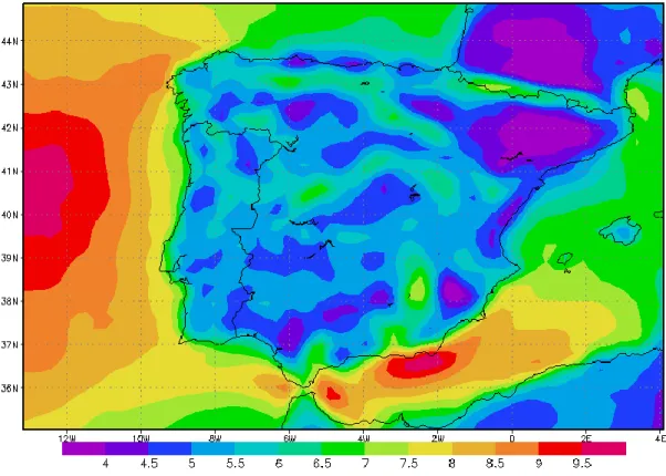 Fig. 12- Mapa da intensidade do vento na Península Ibérica [m/s] [20]