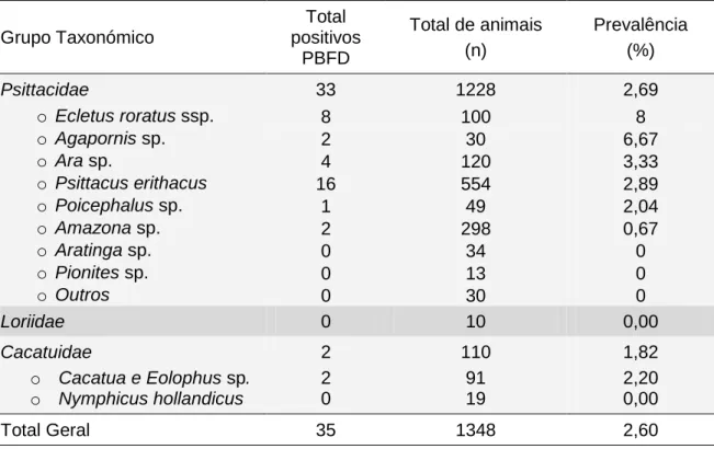 Tabela  6  –  Resultados  da  prevalência  de  BFDV  pelo  método  de  PCR,  tendo  em  conta  os  grupos  taxonómicos considerados  Grupo Taxonómico  Total  positivos  PBFD  Total de animais  (n)  Prevalência  (%)  Psittacidae  33  1228  2,69  o     Eclet