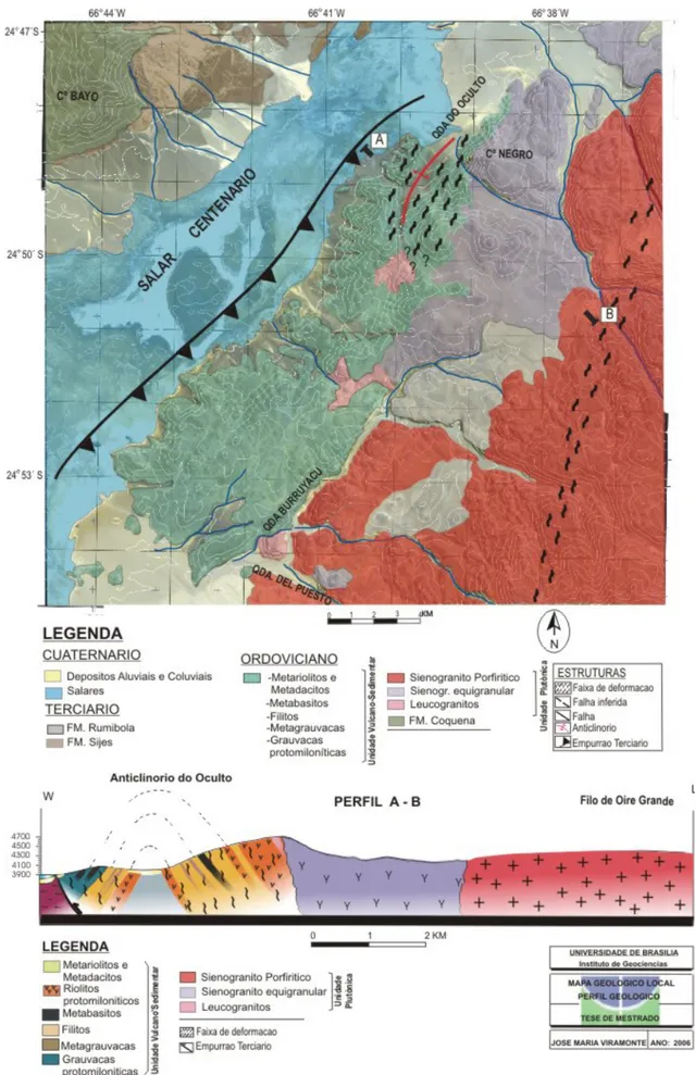 Figura 5. Mapa geológico e perfil geológico na área da Quebrada do Oculto e   Filo de Oire Grande 