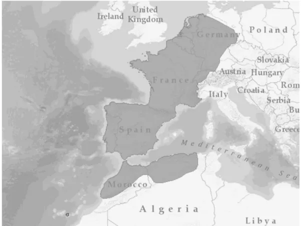 Figura  1.  Mapa  da  área  de  distribuição  do  musaranho-comum  (C.  russula),  representada  a  cinzento-escuro  (IUCN 2008).