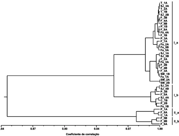 Figura 3.1 – Dendrograma obtido pela análise de clusters da composição percentual da fracção volátil de 42  indivíduos de Juniperus brevifolia segundo a associação média (UPGMA), utilizando o coeficiente de  correlação como medida de semelhança
