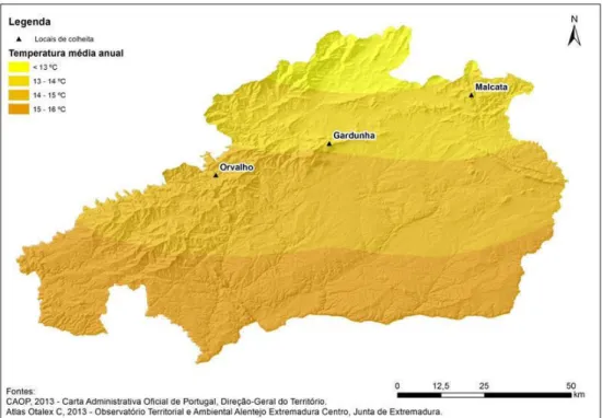 Figura 3.7. Temperatura média anual nos locais de colheita do material vegetal. 