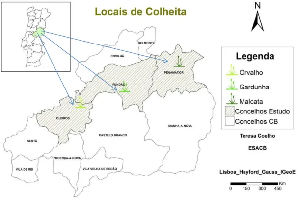 Figura 3.1. Locais de colheita do material vegetal no distrito de Castelo Branco. 