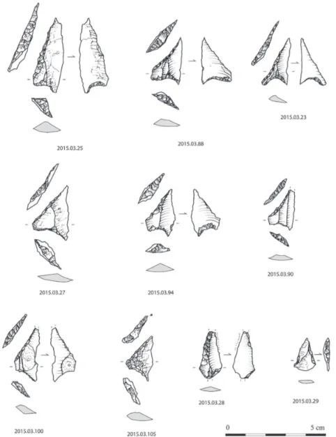 Fig. 10 – Exemplos dos geométricos recolhidos em NSCO, em sílex e quartzo. O exemplar 2015.03.28 corresponde a  uma possível ponta de tipo Pedra Branca.