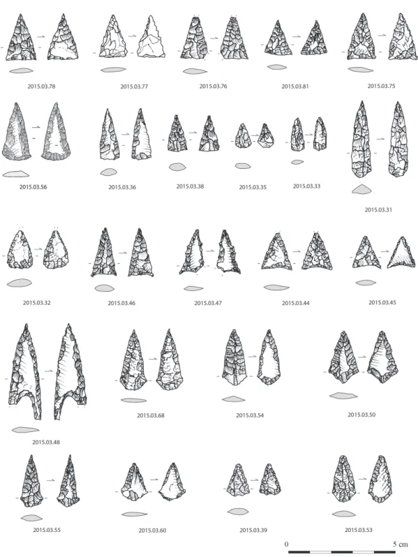 Fig. 12 – Exemplos das pontas de seta recolhidas em NSCO, em sílex e quartzo (exceto os exemplares 2015.03.77  em lidito e 2015.03.48 em xisto silicioso)