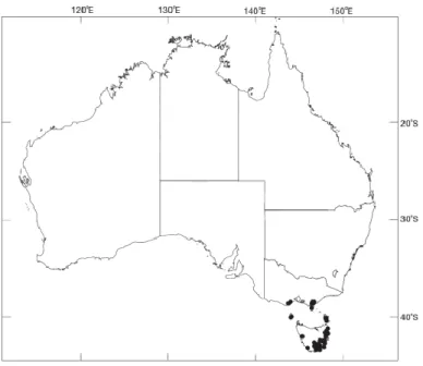 Fig.  4  –  Geographical  distribution  of  E.  globulus Labill.  within  its  native  range  (black  dots  in  SE Australia, Tasmania, and adjacent islands) (from Boland et al., 2006)