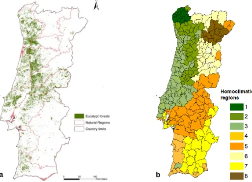 Fig.  1.1  -  a.  Distribution  of  Eucalyptus  globulus  stands  in  12  natural  regions  in  mainland  Portugal  (Catry  et  al.,  2015)