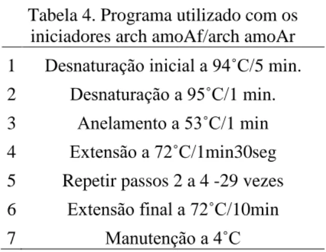 Tabela 2. Programa utilizado com os  iniciadores 21f/958r 