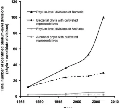 Figura  6.  Número  de  filos,  considerando-se  representantes  cultivados  e  não  cultivados  dos  Domínios  Bacteria  e  Archaea,  identificados  desde  1987 (Retirado de Allain &amp; Querellou, 2009)