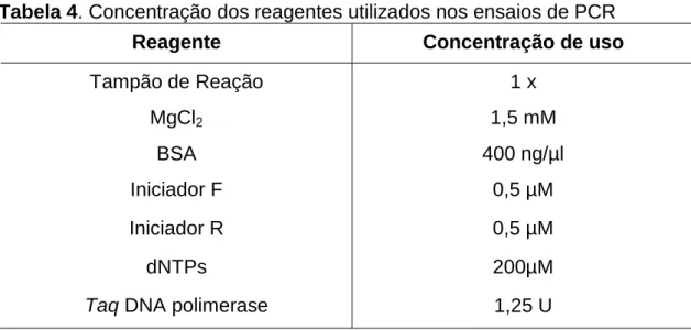 Tabela 4. Concentração dos reagentes utilizados nos ensaios de PCR 