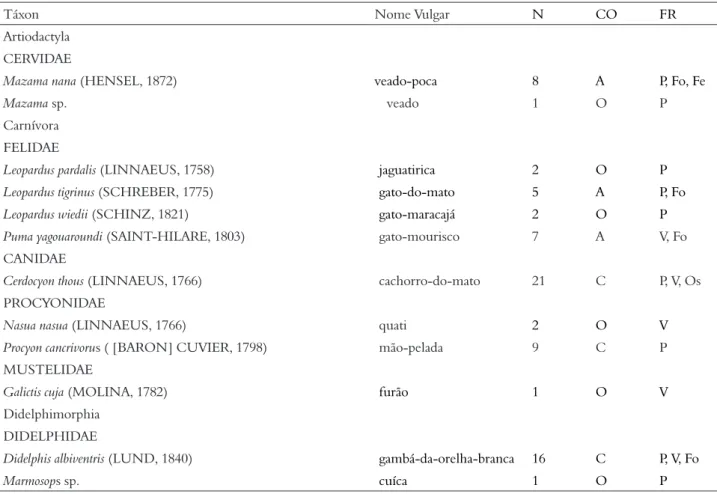 Tabela 1 – Lista dos mamíferos terrestres registrados em um remanescente de Mata Atlântica no Sul do Brasil        (continua)