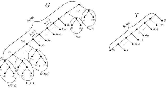 Figure 4: The gene tree G and the species tree T . Notice that the subtrees G 1,q , G t,|V | encode the edges {v 1 , v q }, {v t , v |V| } of G, respectively
