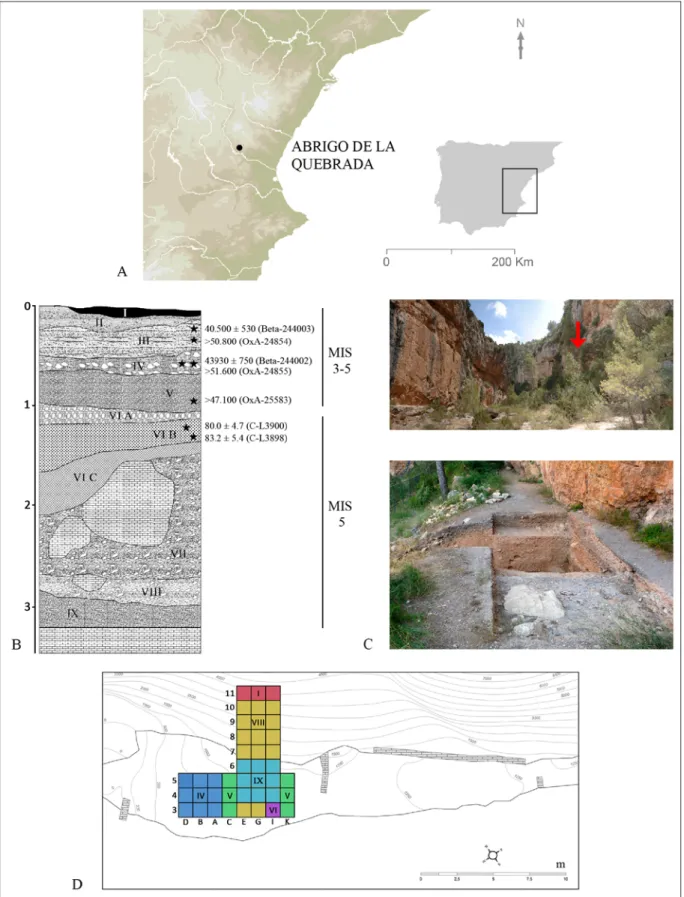 Figura 1.  Abrigo de la Quebrada: localización (A), estratigrafía (B), detalle (C) y área de excavación (D).