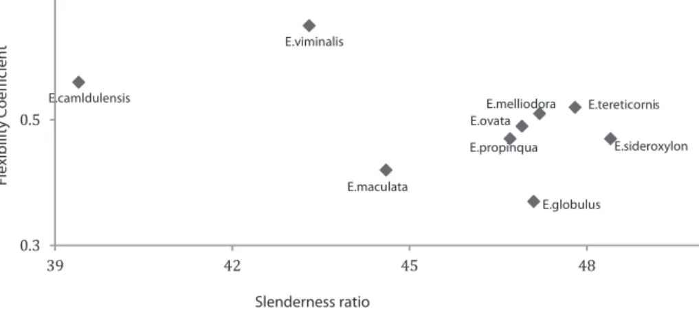 Fig. 4. Slenderness ratio and ﬂexibility coefﬁcient of E. camaldulensis, E. globulus, E