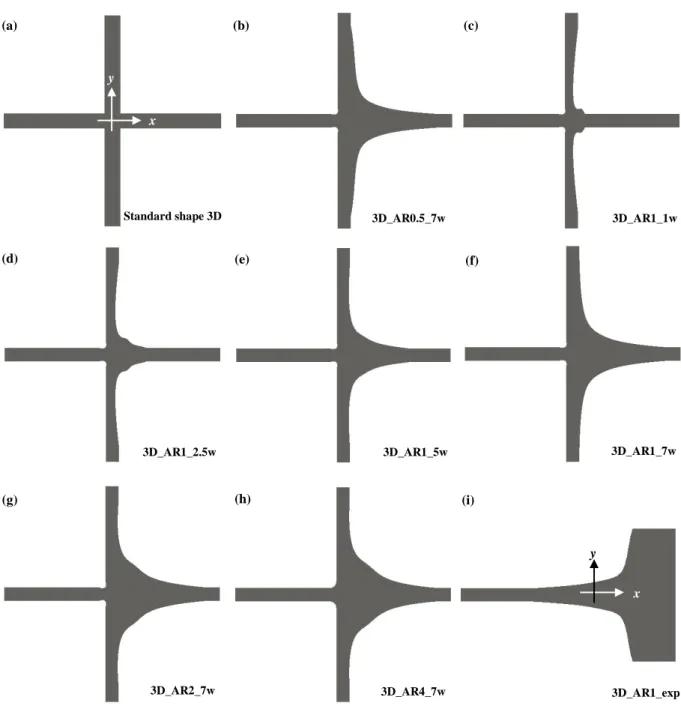 Figure 3.4 – Top view of the 3D standard and optimized geometries. Each arm of the FFD represented measures  8w from the origin (the Cartesian system illustrated in (a) is also valid for geometries (b)-(h))