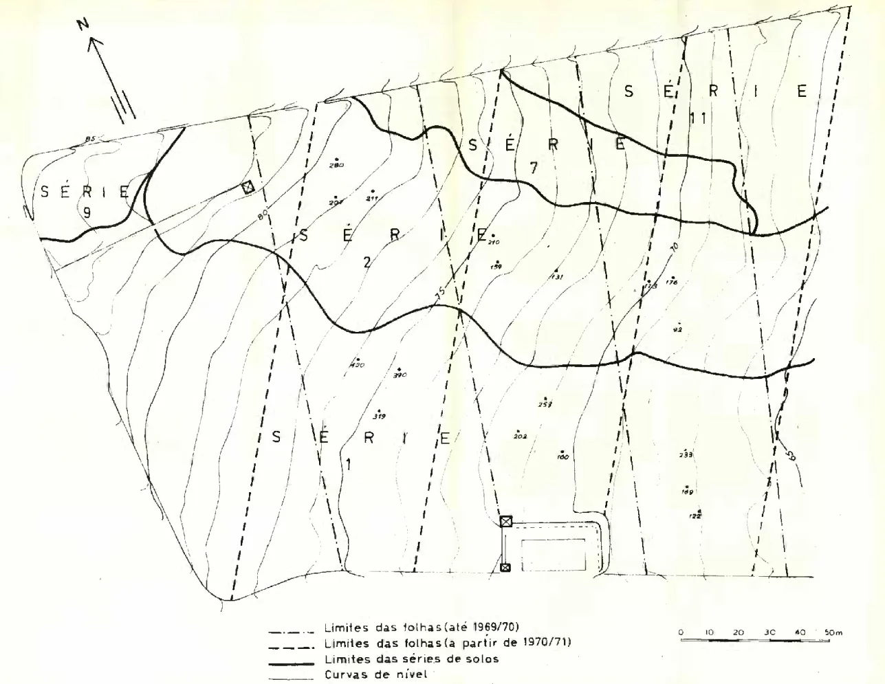 Fig. 1 — Carta parcial da Terra Grande mostrando a implantação das folhas do ensaio, a localização das malhas escolhidas como sítios de prova e a distribuição dos  _________________________________________________________________________ salas  bua  nií oà