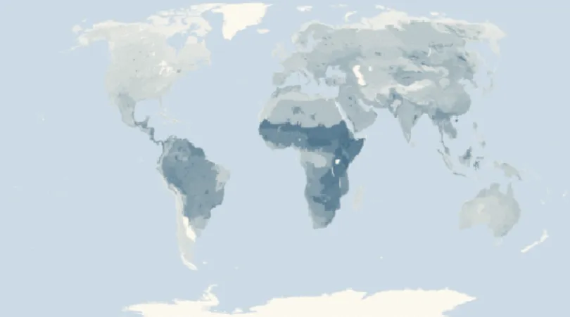 Figura 1.1 - Distribuição mundial das aves de rapina. Quanto mais escura for a cor, maior é o número 