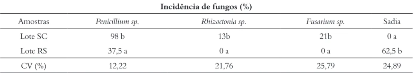Tabela 2 – Incidência de fungos (%) em sementes de Ilex paraguariensis, oriundas de dois lotes de sementes, RS e SC, detectados                    pelo método batata-dextrose-ágar (BDA)