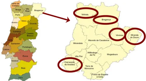 Fig. 1 – Os concelhos do distrito de Bragança sob estudo assinalados com circunferência 