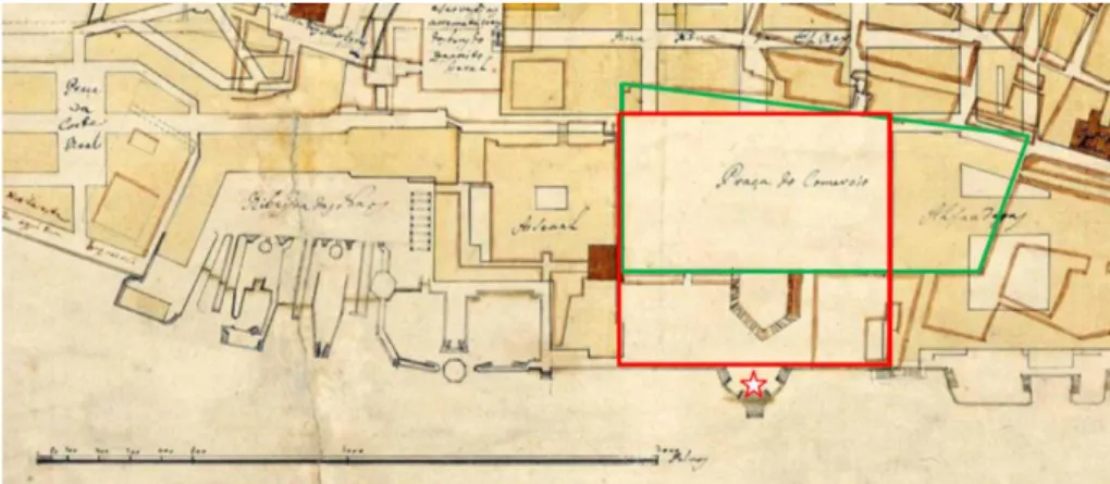 Figura 1: Áreas da Praça do Comércio (a vermelho) e do Terreiro do Paço (a verde), e o Cais das  Colunas (assinalado com estrela)