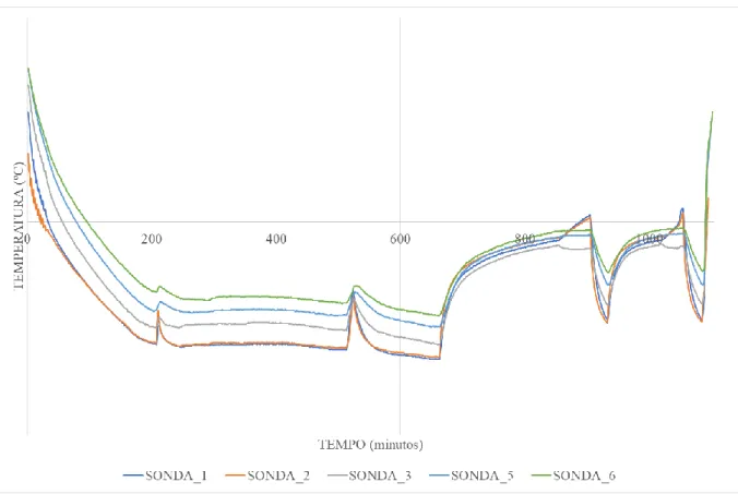 Figura 3.6: perfil térmico ao longo do tempo (minutos) – 28Nov2017 – carga completa líquida