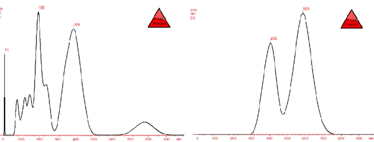 Figure  7.  NTA  analysis  of  particle  size  of  HA- HA-OVA-FITC-  NPs,  for  the  samples  containing  0,150ml of protein in a ratio of 1:1 to HA